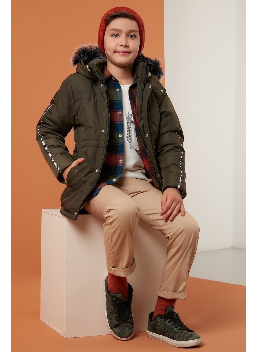 Collar Faux Fur Plush Lined Hooded Winter Coat Boy's Coat 6036056