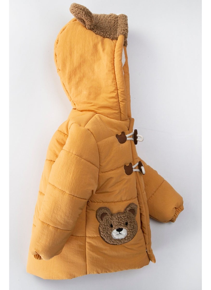 Podium Clothing New Trend Cute Bear Figured Zipper & Shepherd Button Winter Ear Detailed Hooded Winter Coat