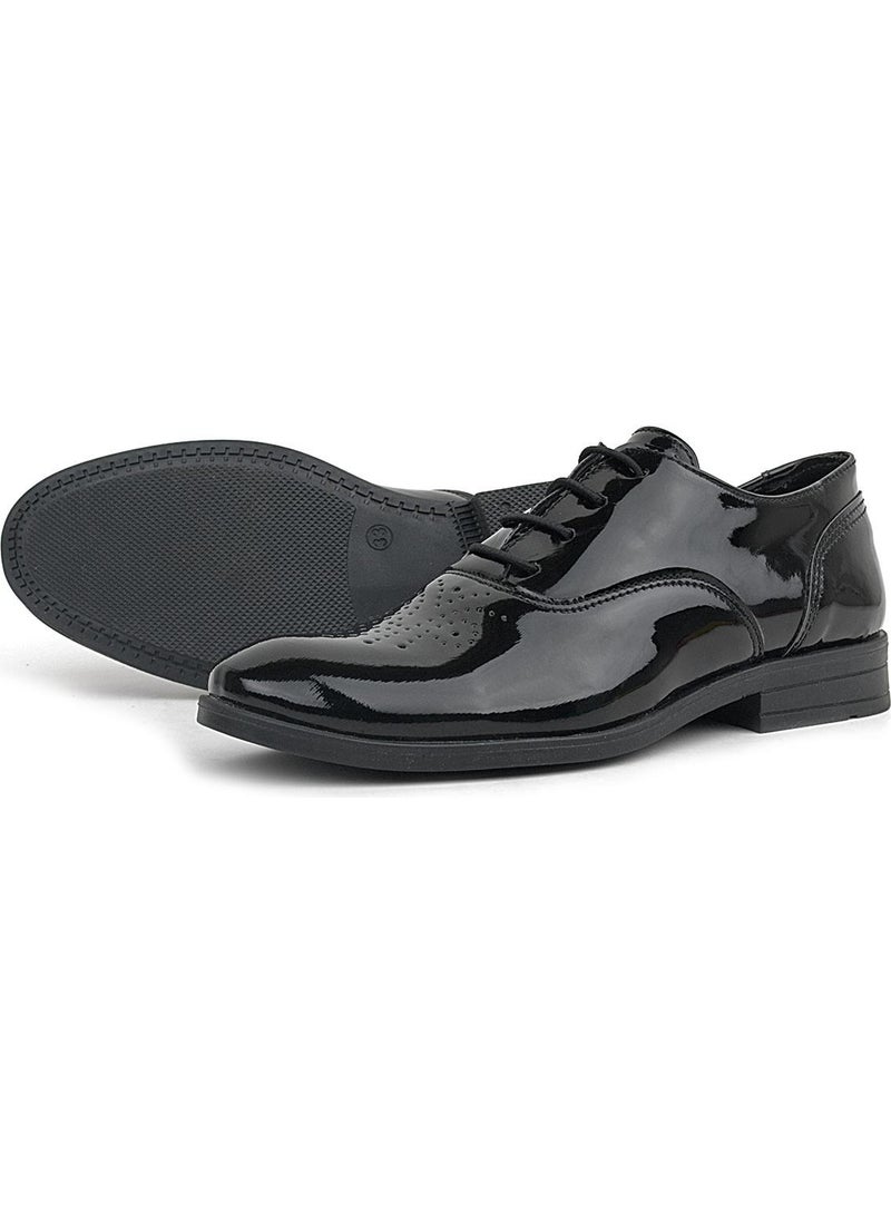 Smokin Black Patent Leather Patterned Lace-Up Children's Classic Shoes