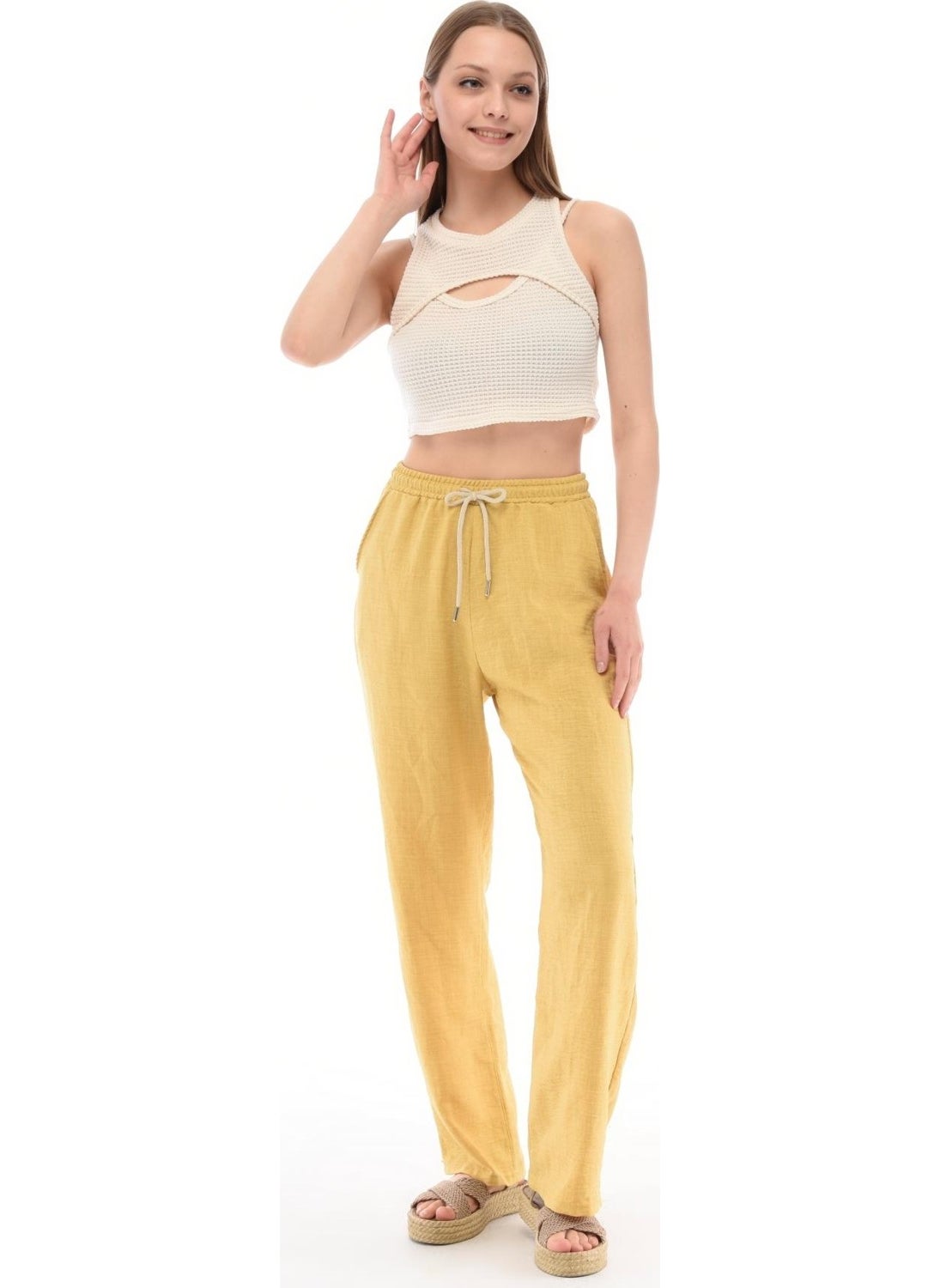 Women's Synthetic Linen High Waist Elastic Loose Leg Trousers C610