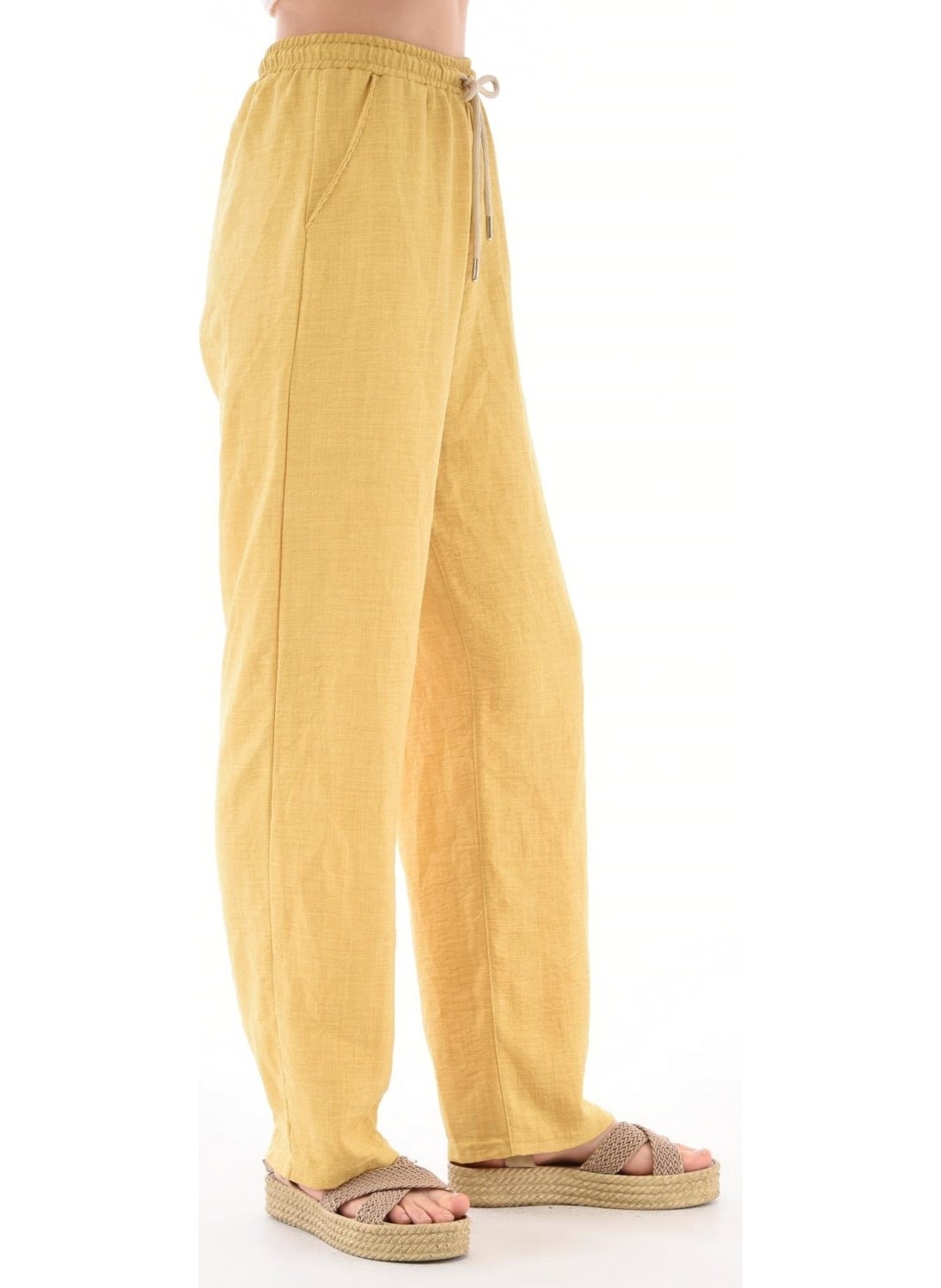 Women's Synthetic Linen High Waist Elastic Loose Leg Trousers C610