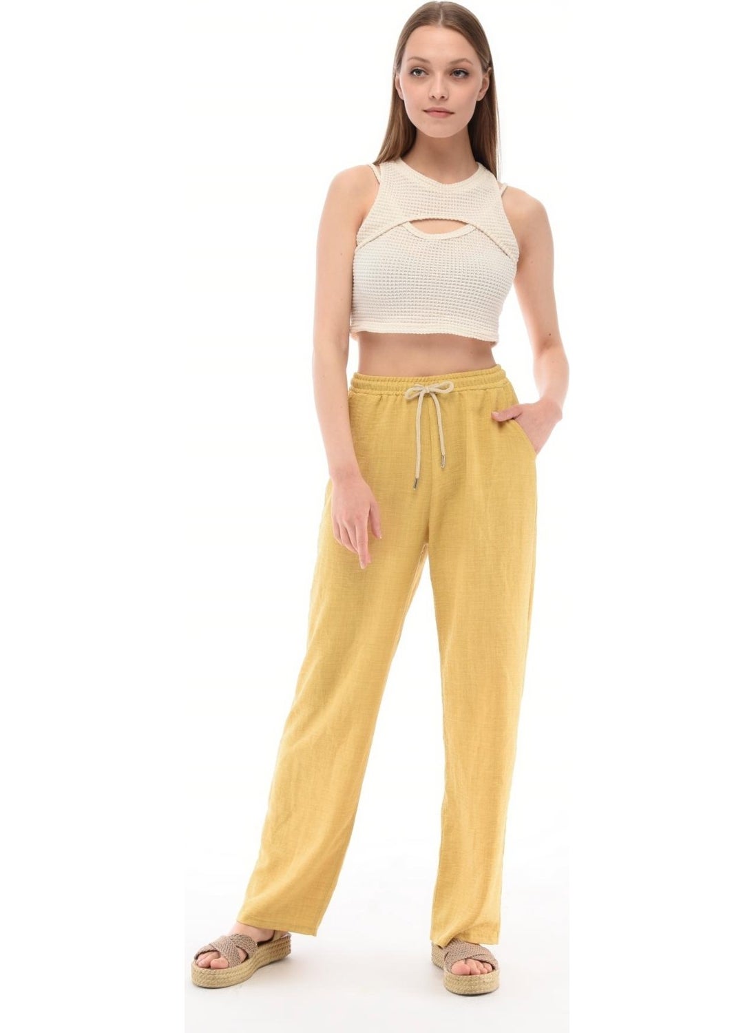 Women's Synthetic Linen High Waist Elastic Loose Leg Trousers C610