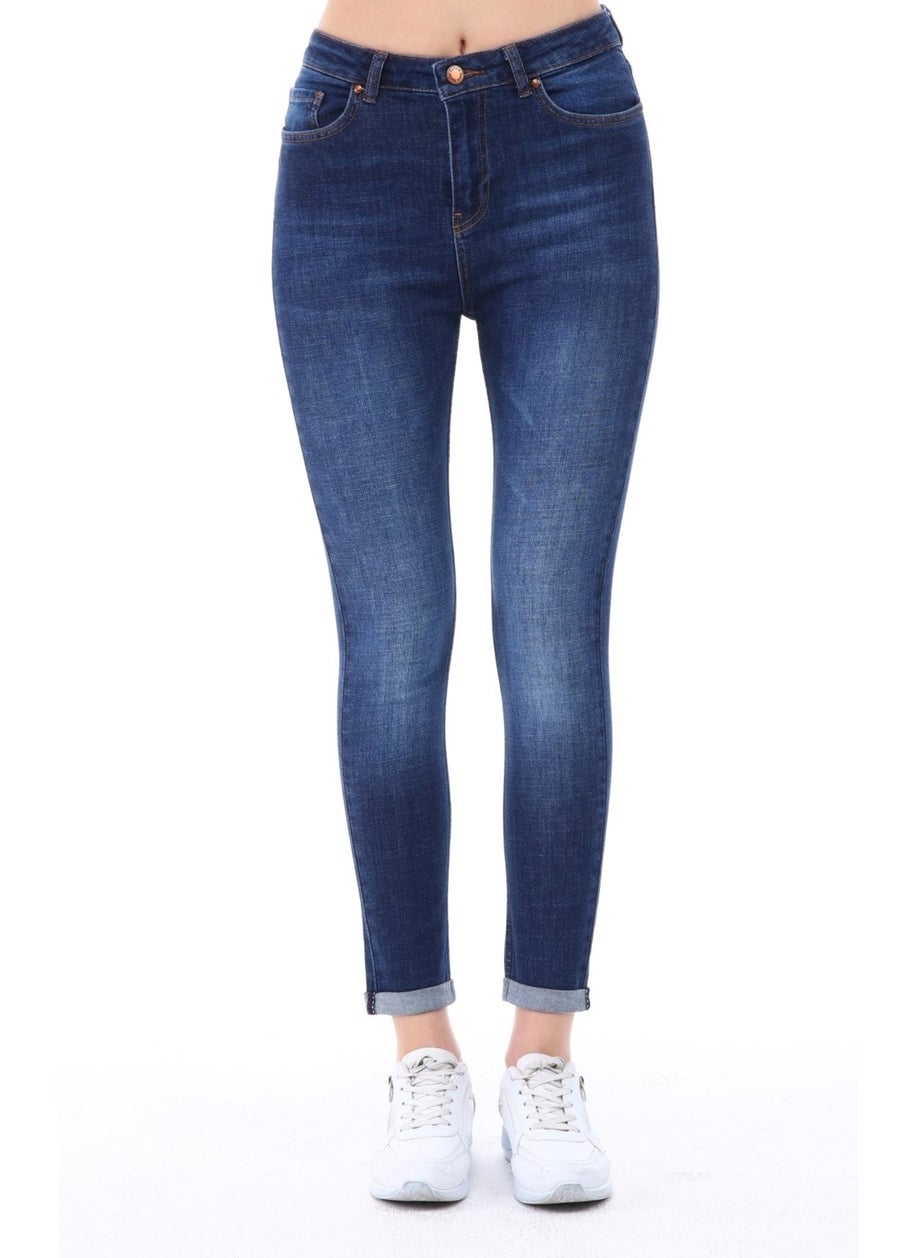 Women's Light Lycra Skinny Fit Leg Detailed Trousers Viola Navy Blue