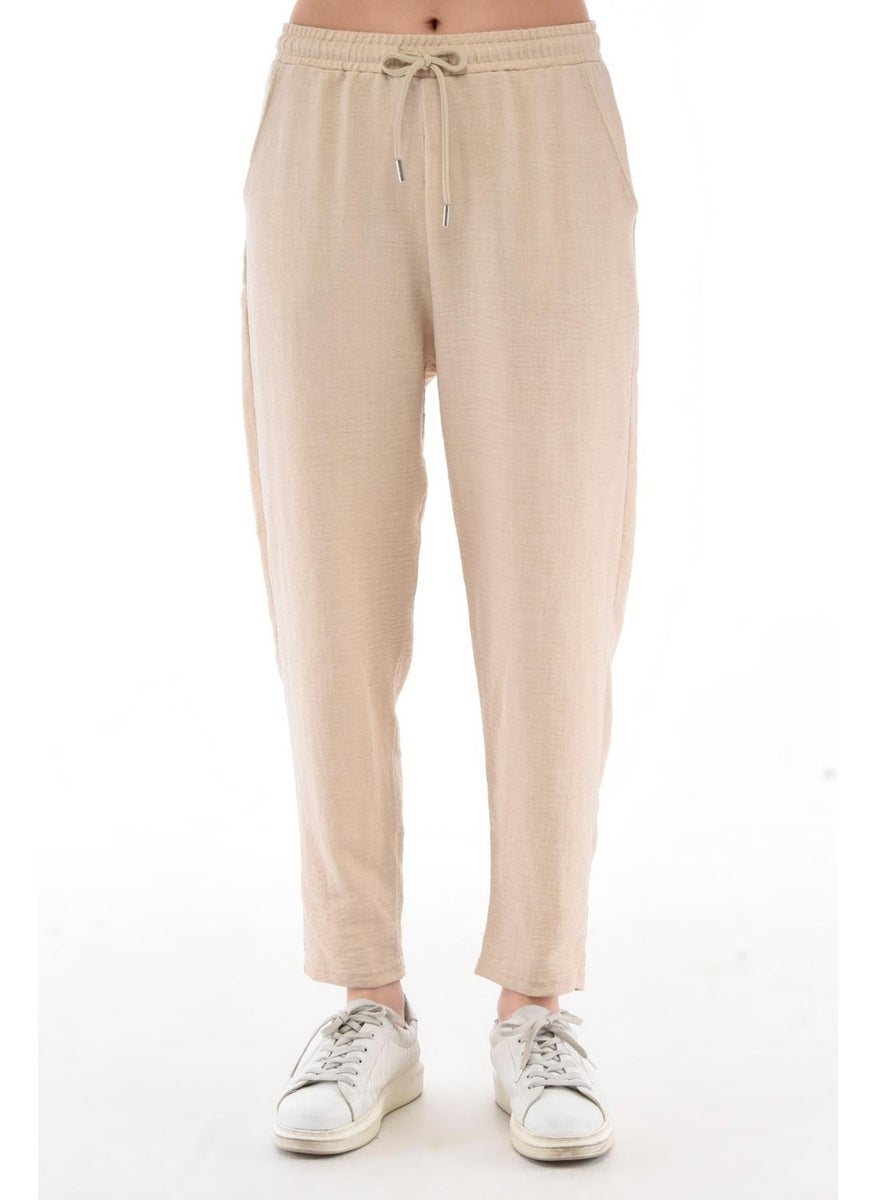 Women's Synthetic Linen High Waist Elastic Skinny Leg Mom Pants C611