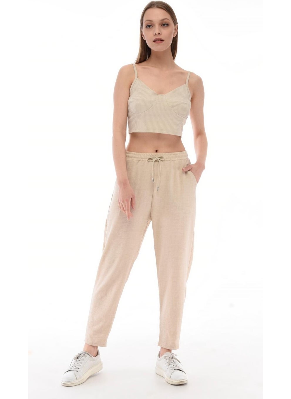 Women's Synthetic Linen High Waist Elastic Skinny Leg Mom Pants C611