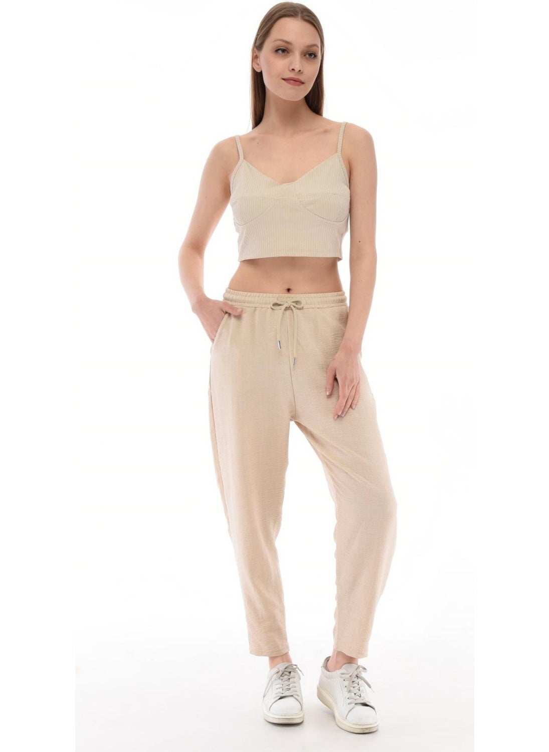 Women's Synthetic Linen High Waist Elastic Skinny Leg Mom Pants C611