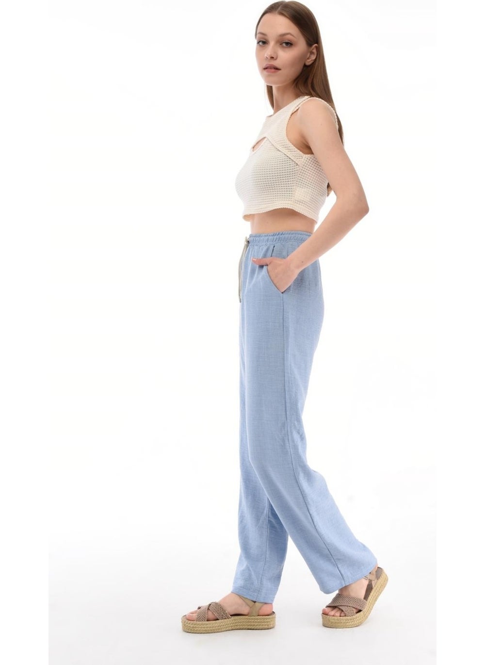 Women's Synthetic Linen High Waist Elastic Loose Leg Trousers C610