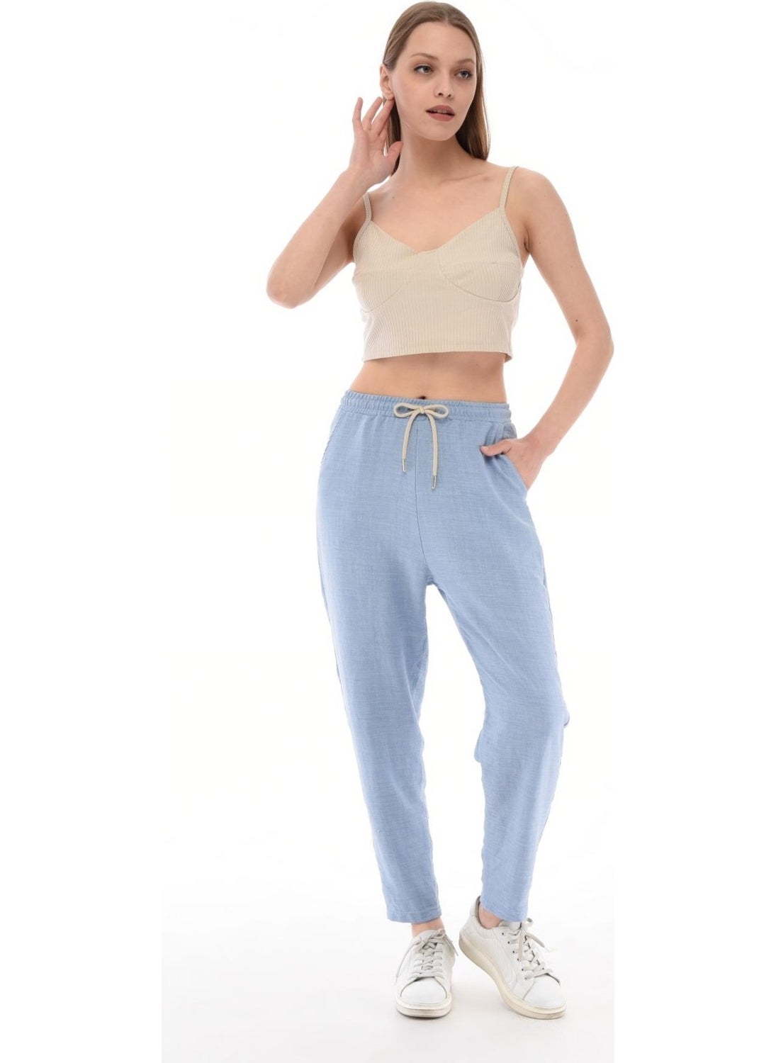 Women's Synthetic Linen High Waist Elastic Skinny Leg Mom Pants C611