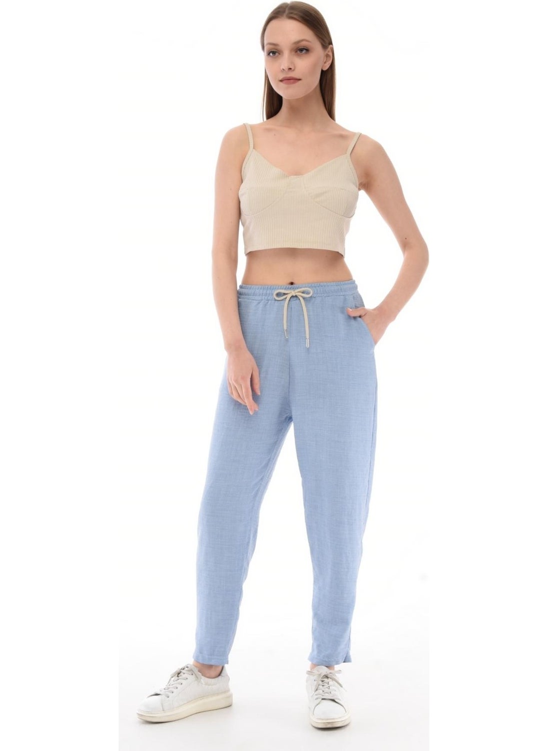 Women's Synthetic Linen High Waist Elastic Skinny Leg Mom Pants C611