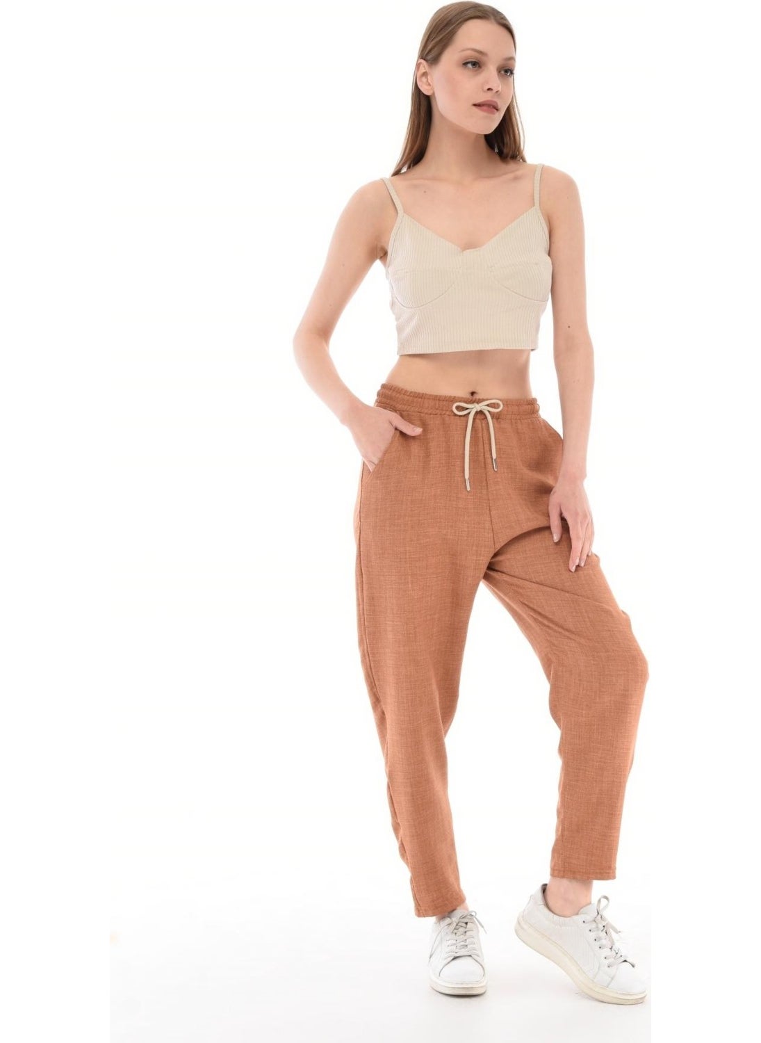 Women's Synthetic Linen High Waist Elastic Skinny Leg Mom Pants C611