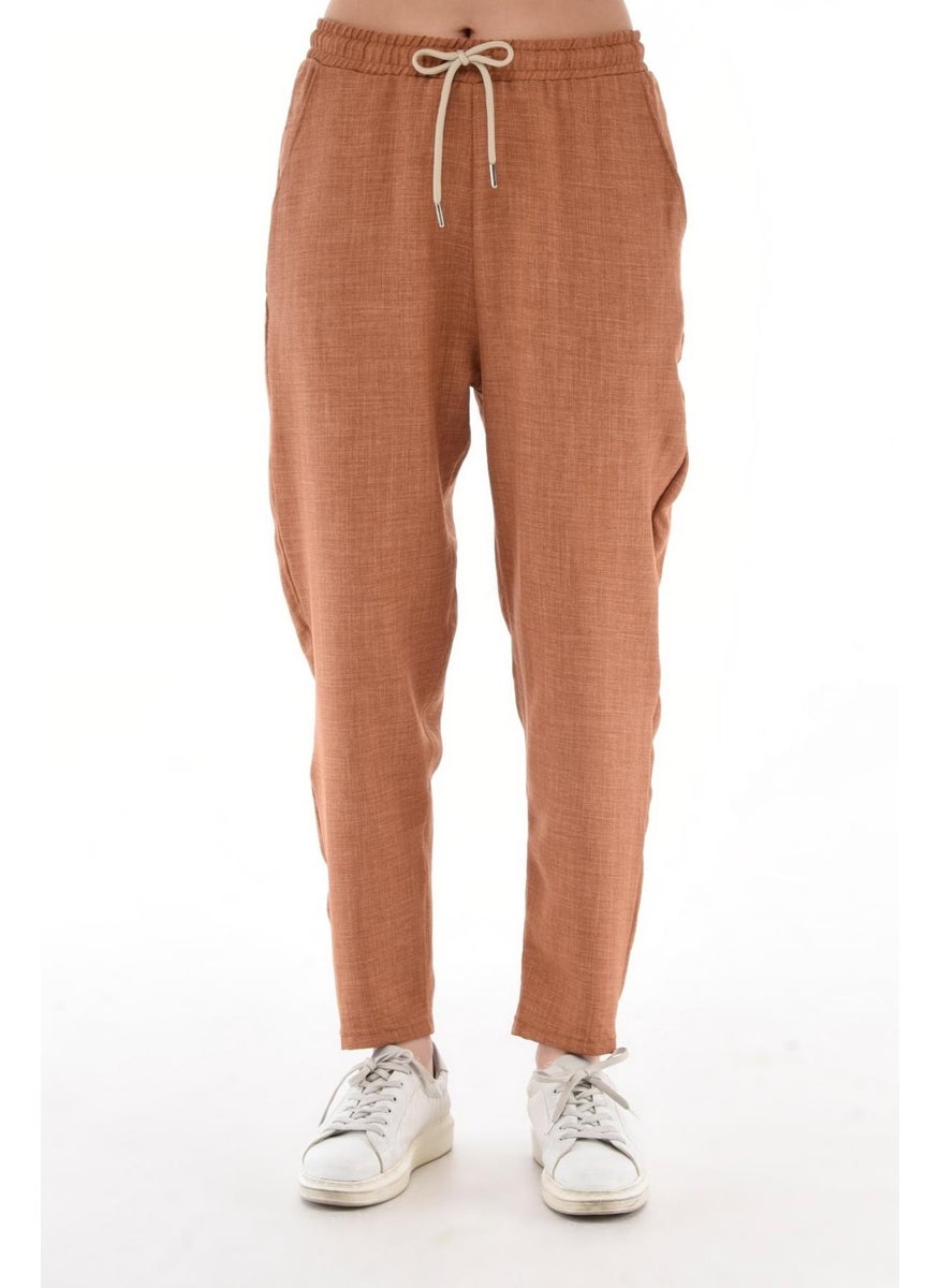 Women's Synthetic Linen High Waist Elastic Skinny Leg Mom Pants C611