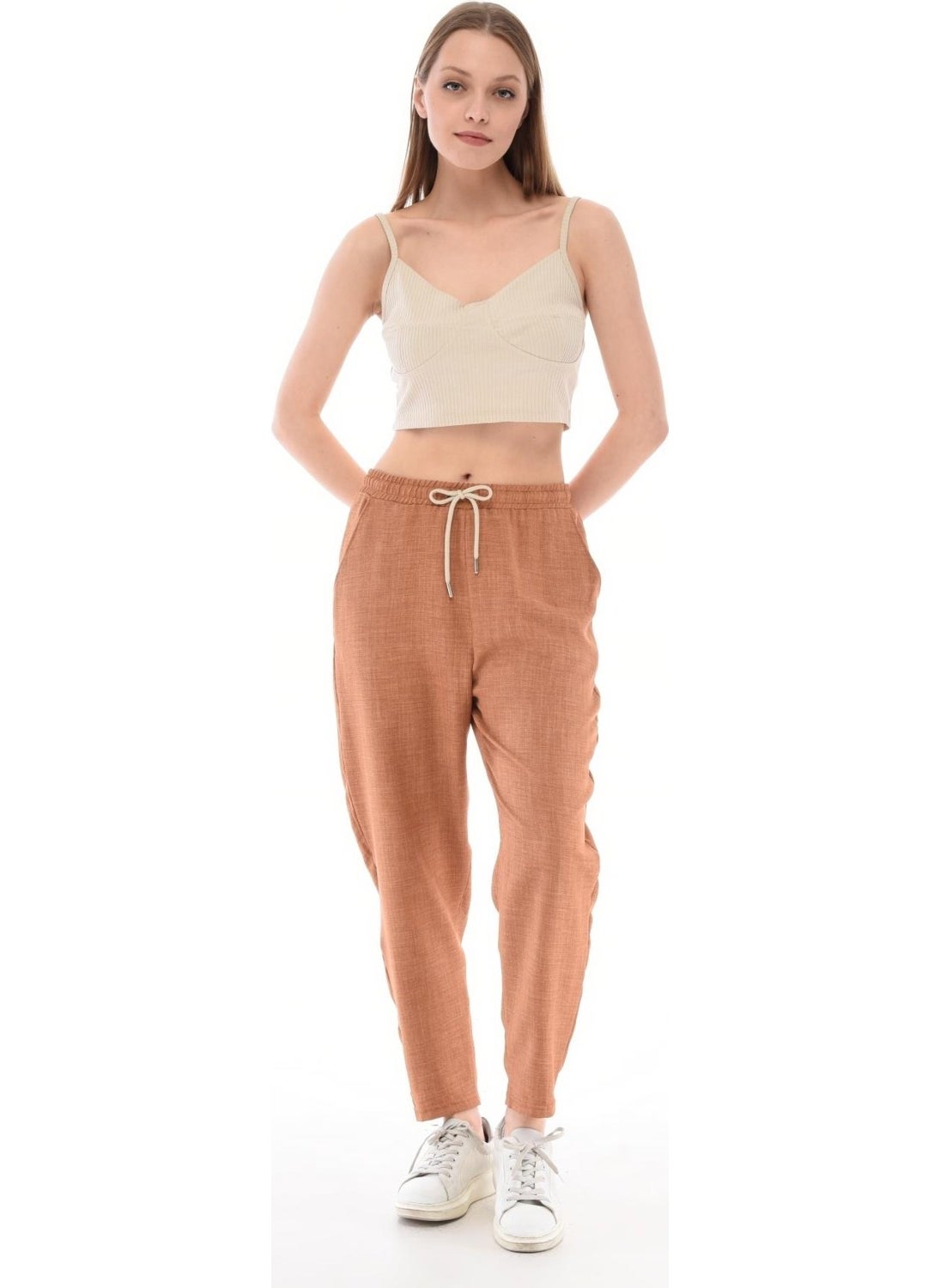 Women's Synthetic Linen High Waist Elastic Skinny Leg Mom Pants C611