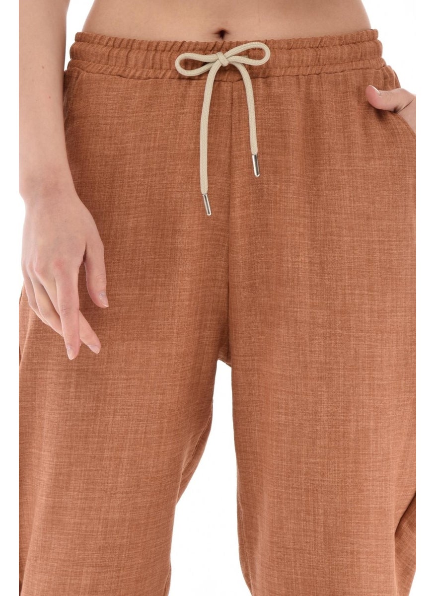 Women's Synthetic Linen High Waist Elastic Skinny Leg Mom Pants C611
