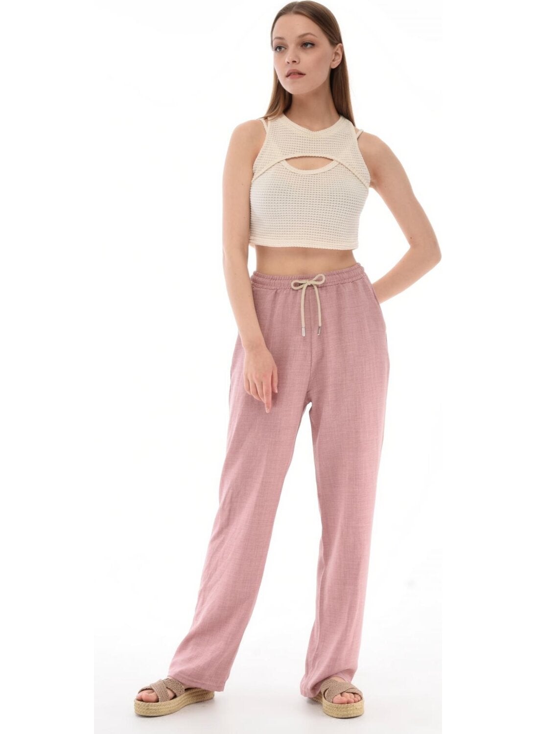 Women's Synthetic Linen High Waist Elastic Loose Leg Trousers C610