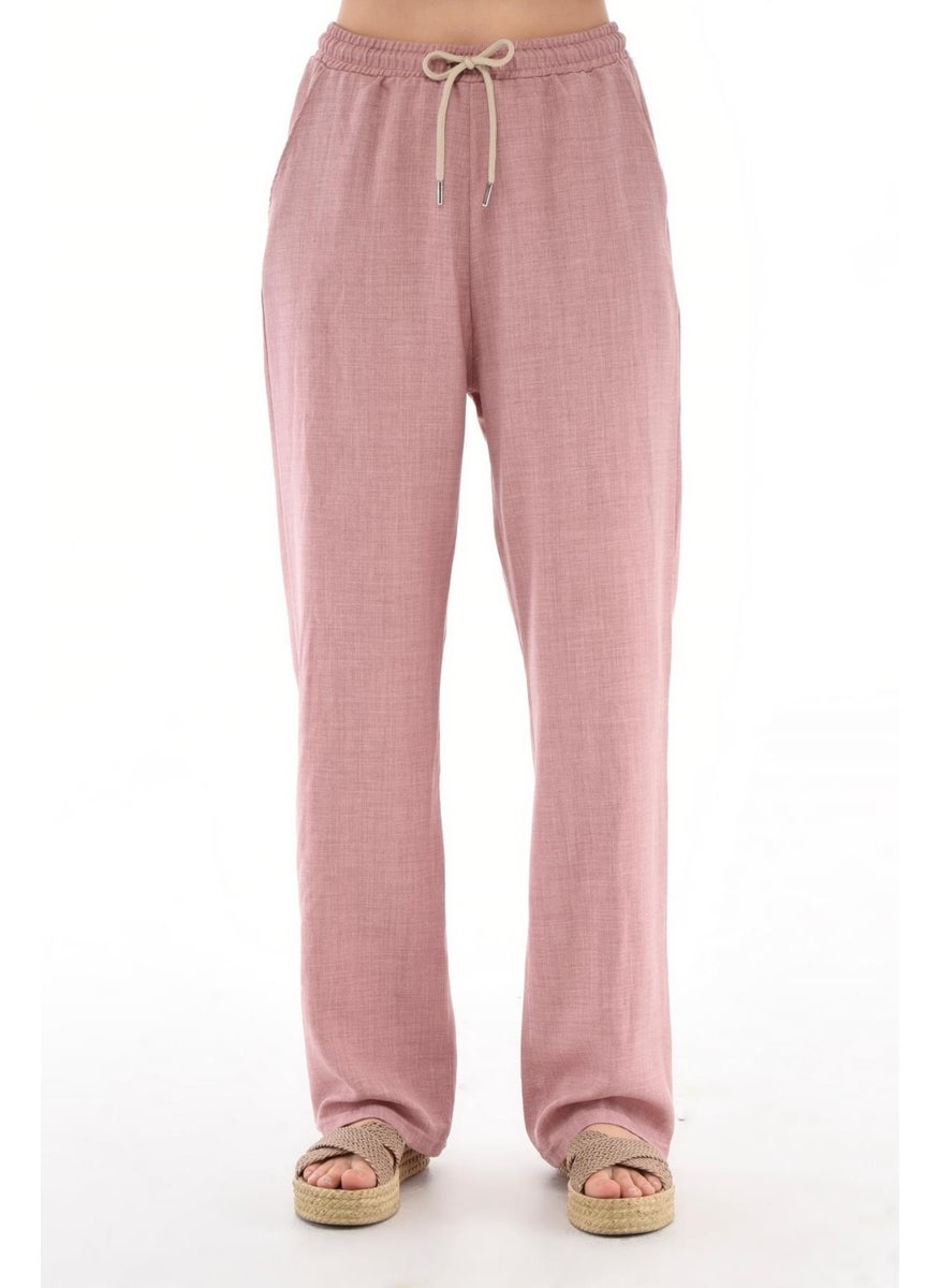 Women's Synthetic Linen High Waist Elastic Loose Leg Trousers C610