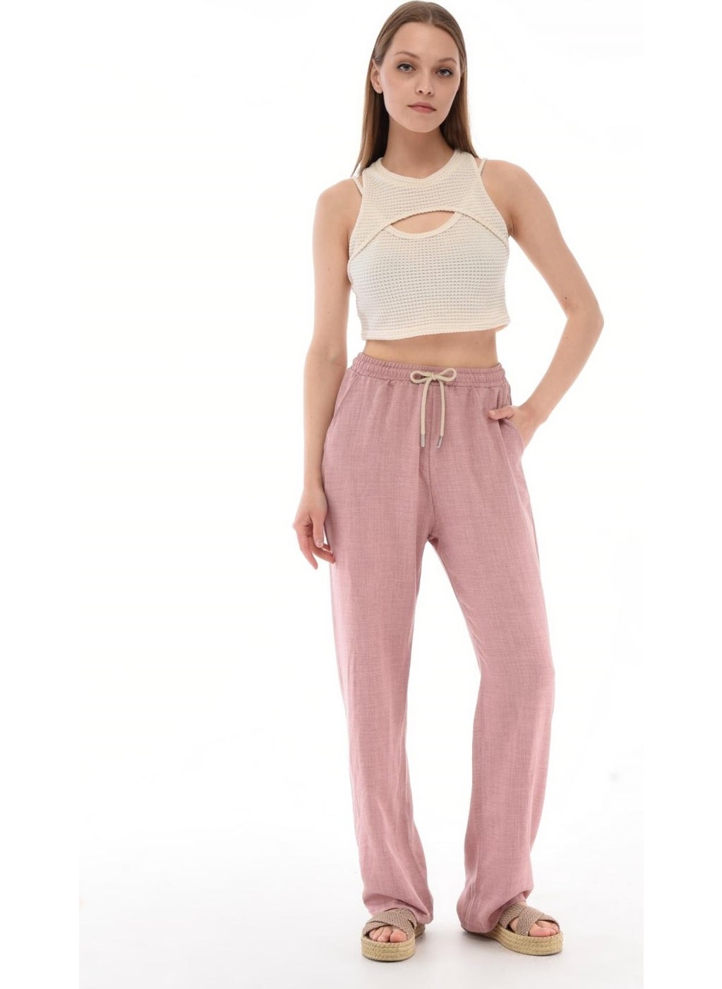 Women's Synthetic Linen High Waist Elastic Loose Leg Trousers C610