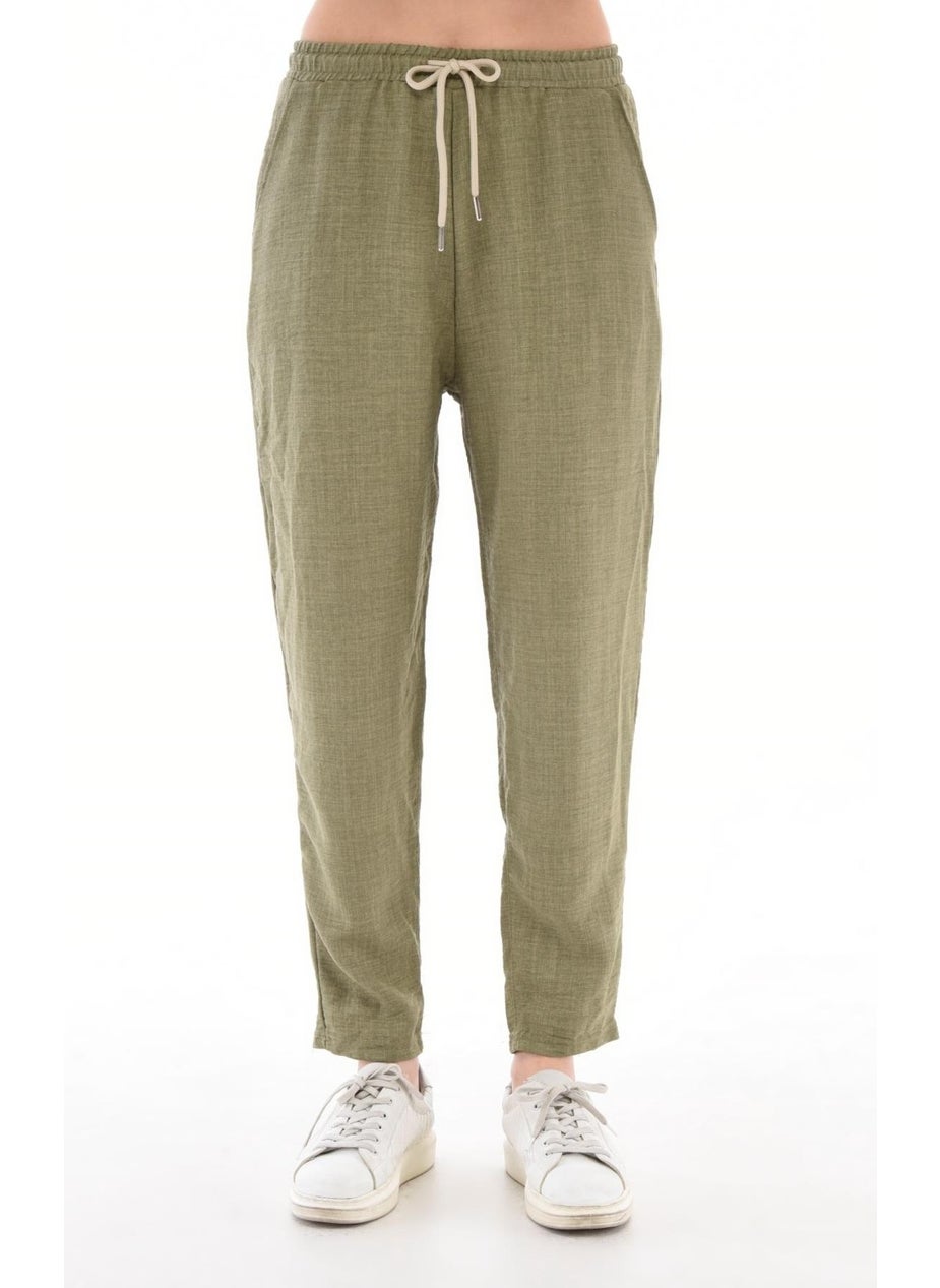 Women's Synthetic Linen High Waist Elastic Skinny Leg Mom Pants C611