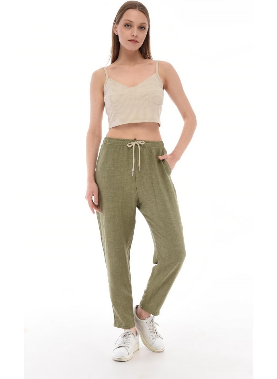 Women's Synthetic Linen High Waist Elastic Skinny Leg Mom Pants C611