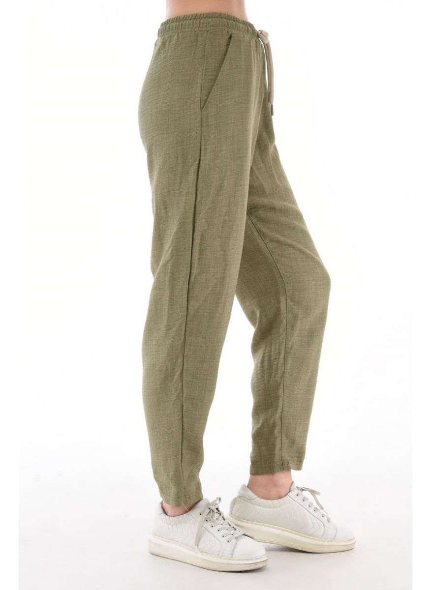 Women's Synthetic Linen High Waist Elastic Skinny Leg Mom Pants C611