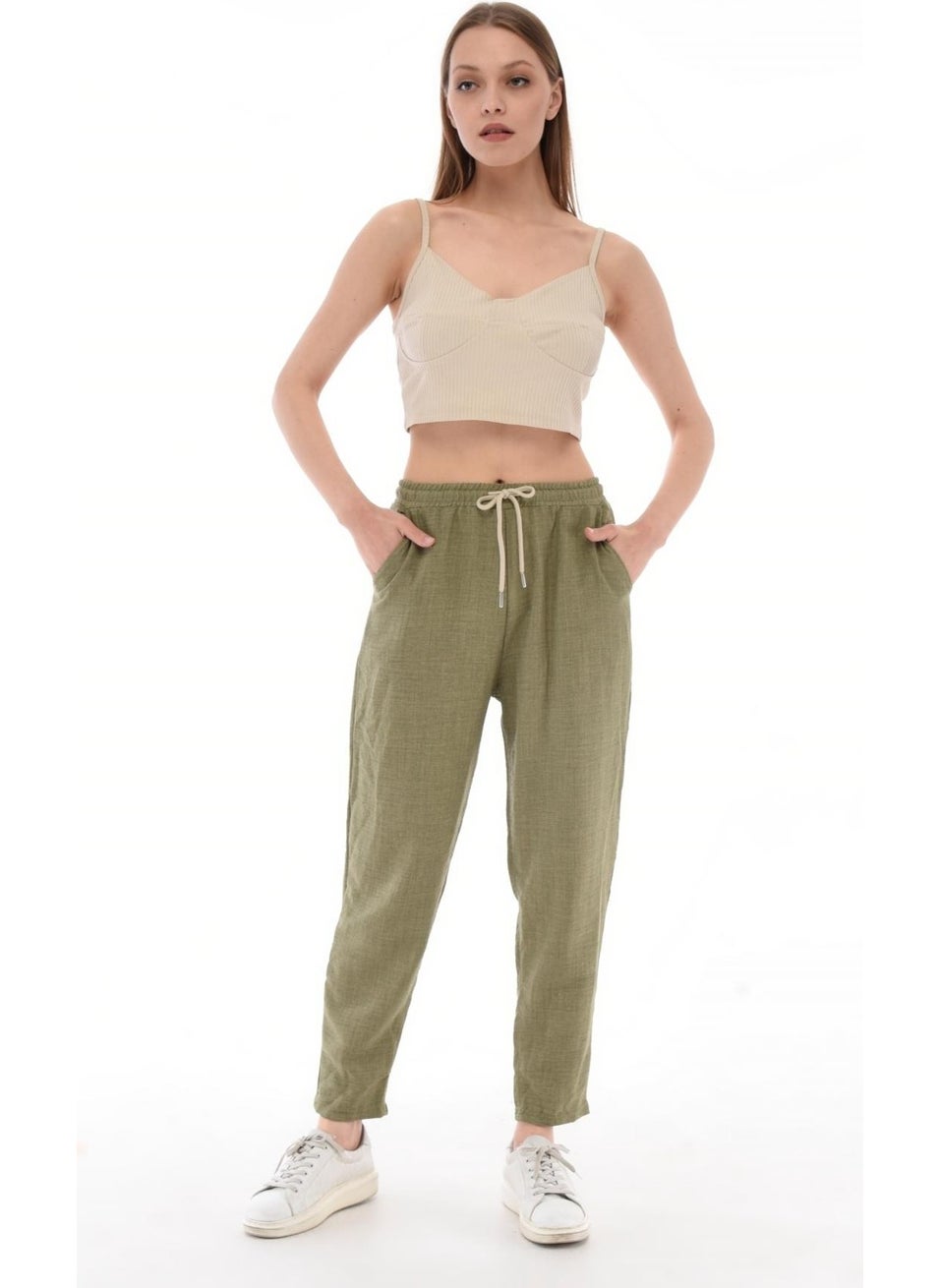 Women's Synthetic Linen High Waist Elastic Skinny Leg Mom Pants C611