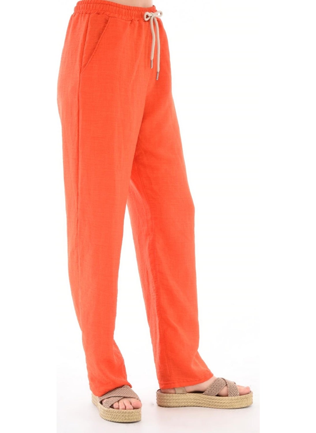 Women's Synthetic Linen High Waist Elastic Loose Leg Trousers C610