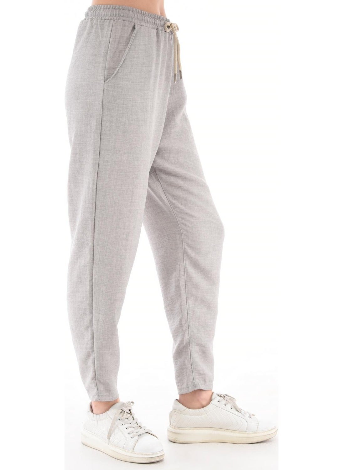 Women's Synthetic Linen High Waist Elastic Skinny Leg Mom Pants C611