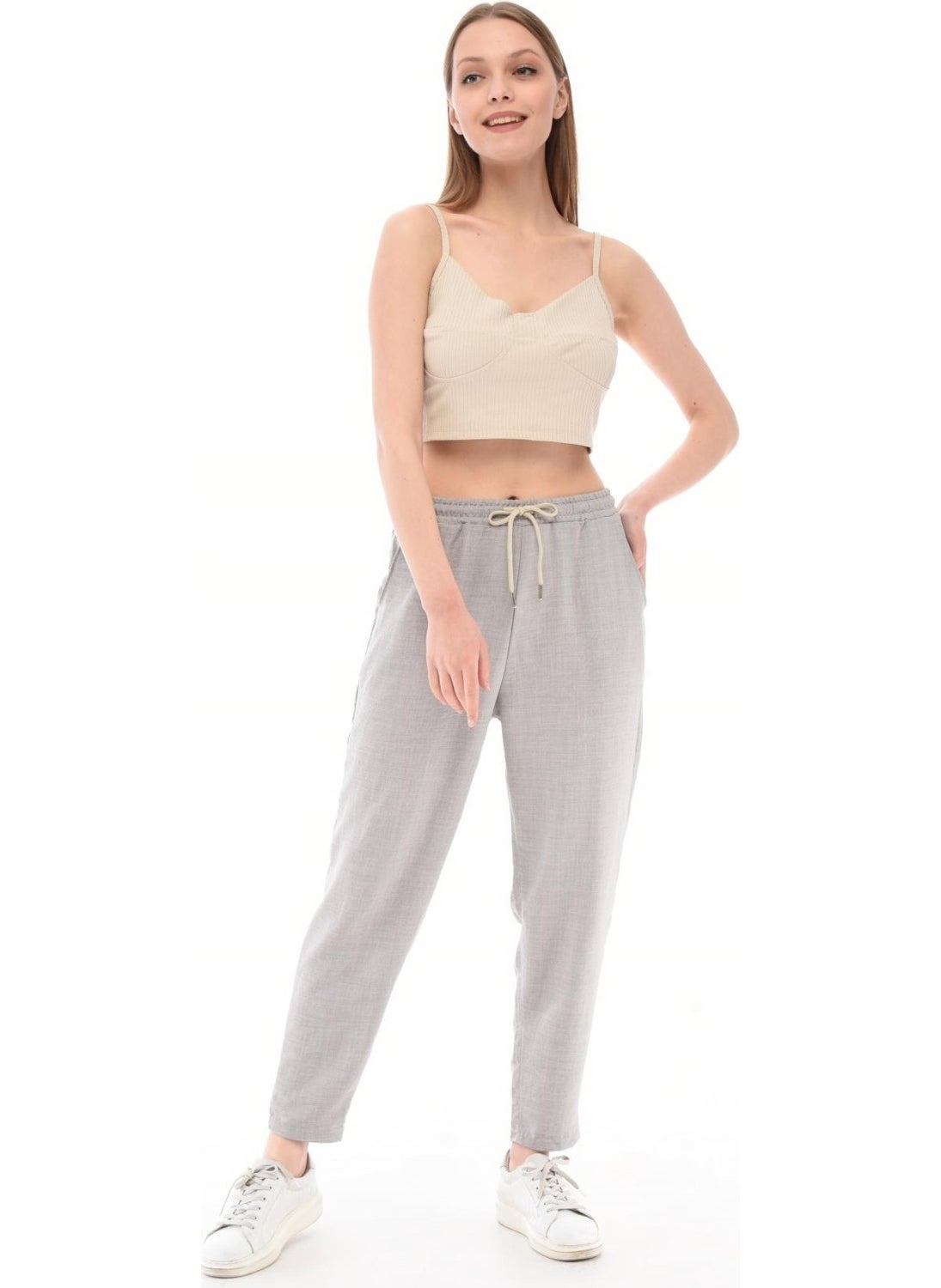 Women's Synthetic Linen High Waist Elastic Skinny Leg Mom Pants C611