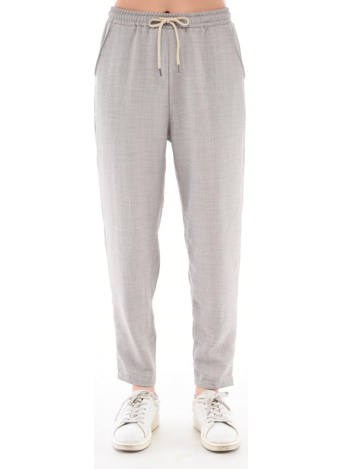 Women's Synthetic Linen High Waist Elastic Skinny Leg Mom Pants C611