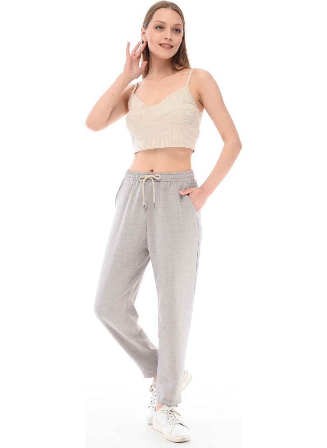 Women's Synthetic Linen High Waist Elastic Skinny Leg Mom Pants C611