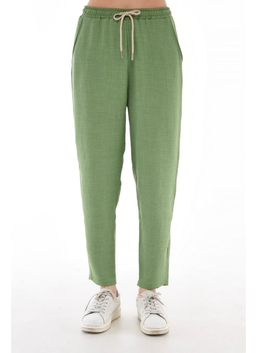 Women's Synthetic Linen High Waist Elastic Skinny Leg Mom Pants C611