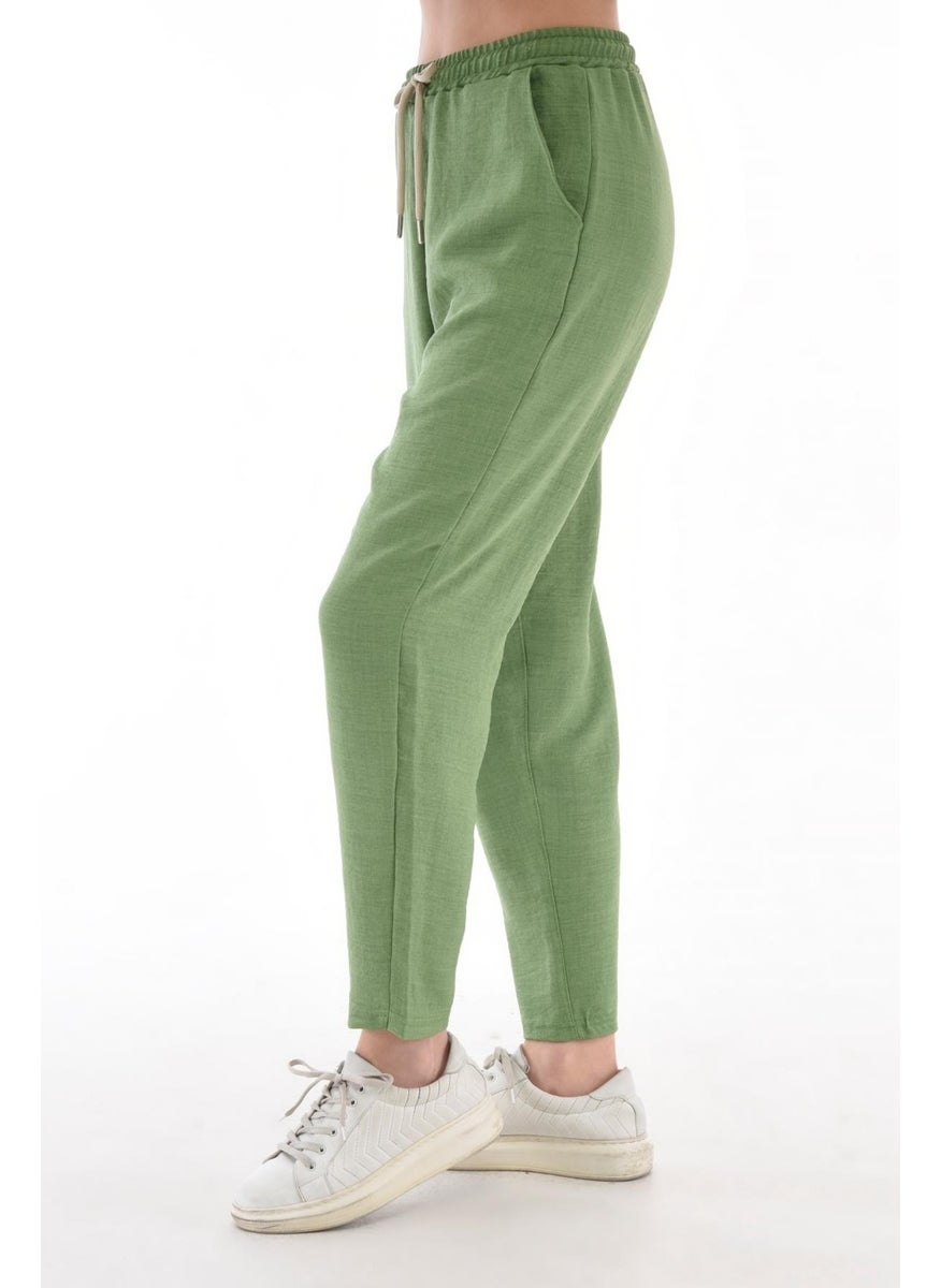 Women's Synthetic Linen High Waist Elastic Skinny Leg Mom Pants C611