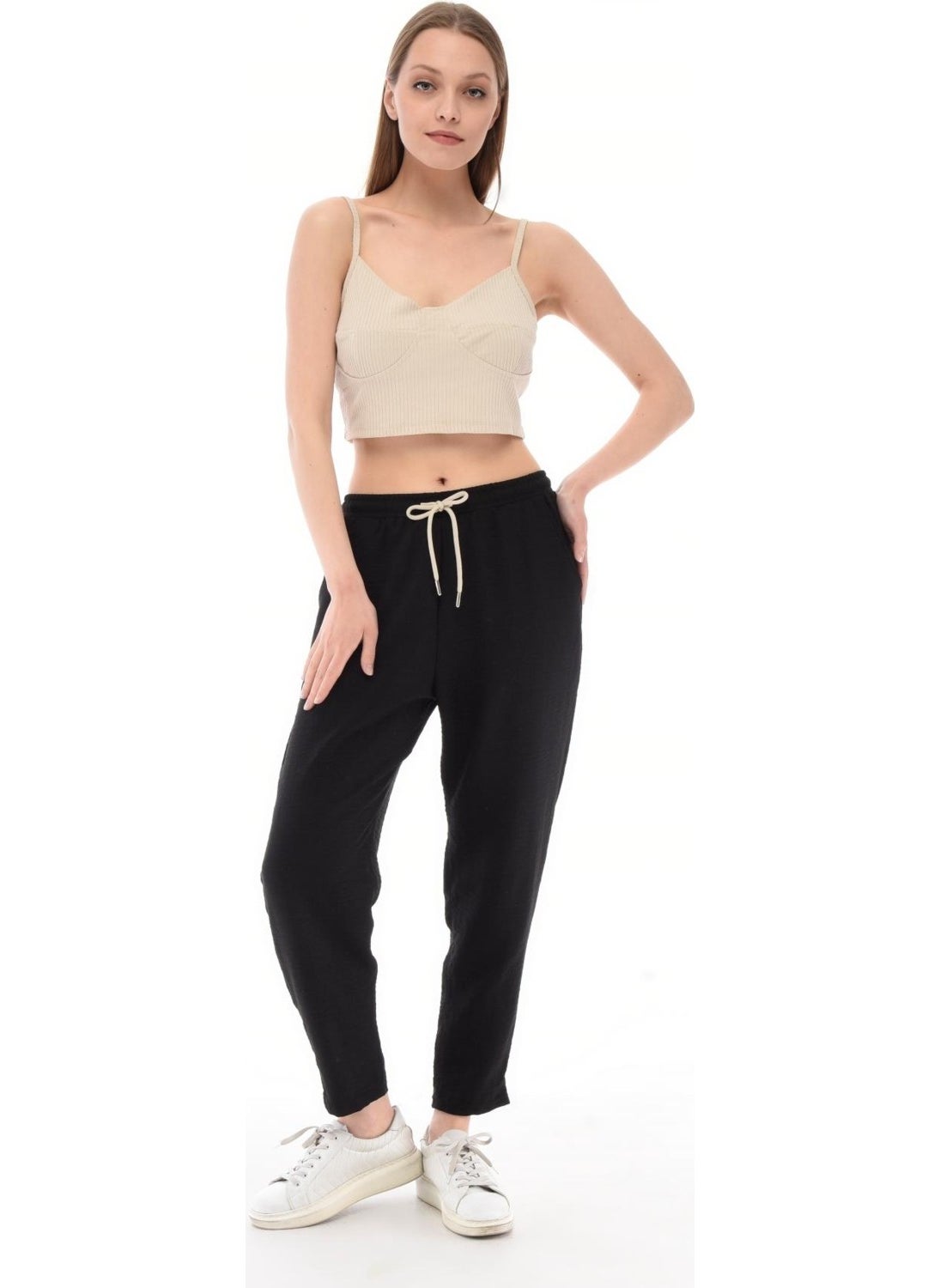 Women's Synthetic Linen High Waist Elastic Skinny Leg Mom Pants C611
