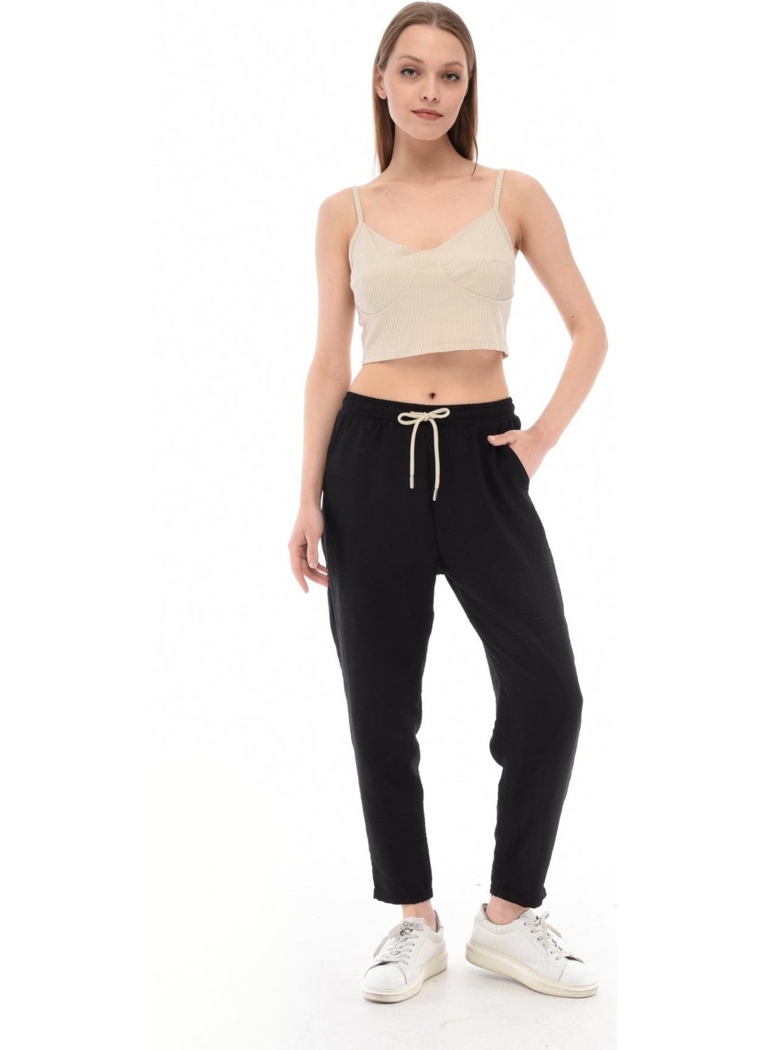 Women's Synthetic Linen High Waist Elastic Skinny Leg Mom Pants C611