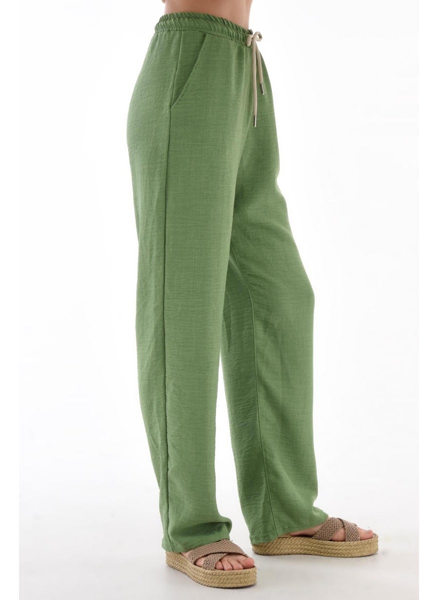 Women's Synthetic Linen High Waist Elastic Loose Leg Trousers C610