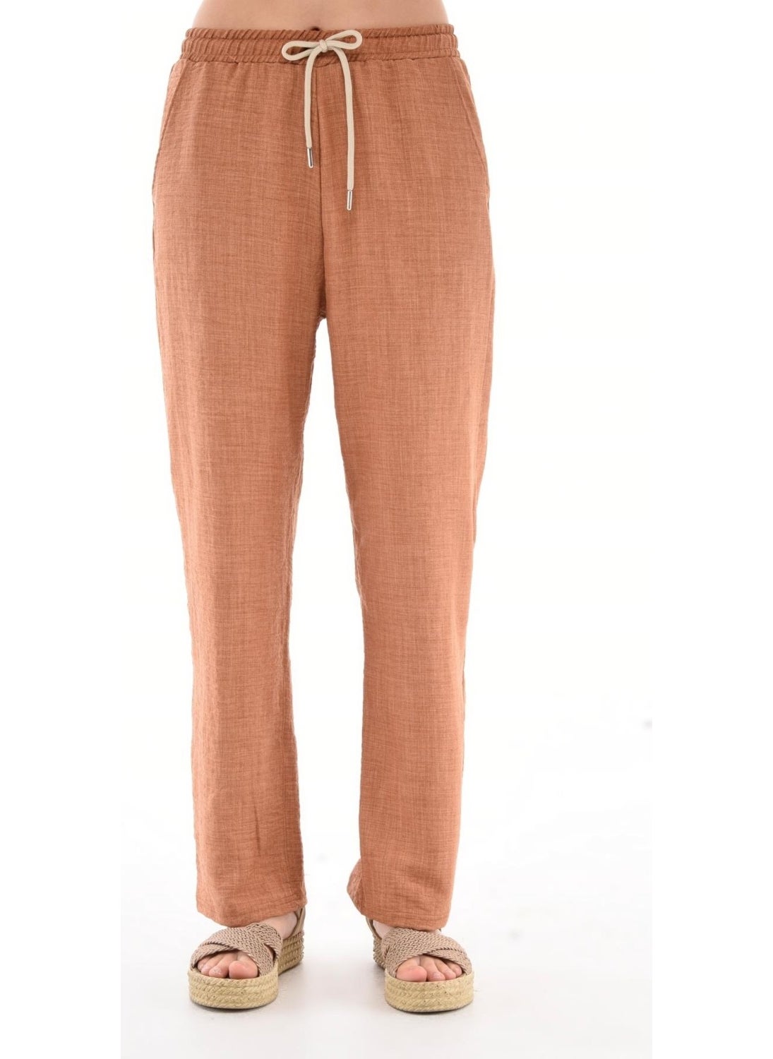 Women's Synthetic Linen High Waist Elastic Loose Leg Trousers C610