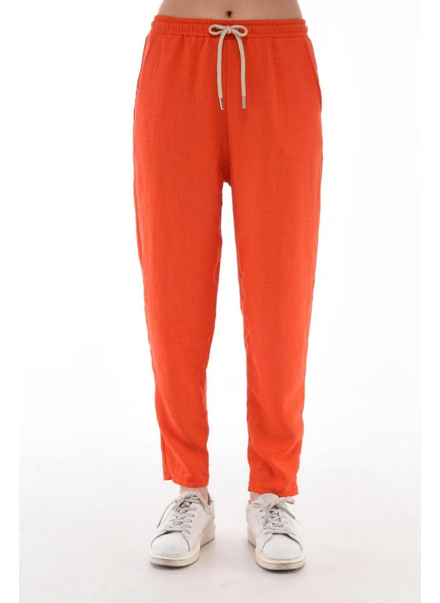 Women's Synthetic Linen High Waist Elastic Skinny Leg Mom Pants C611