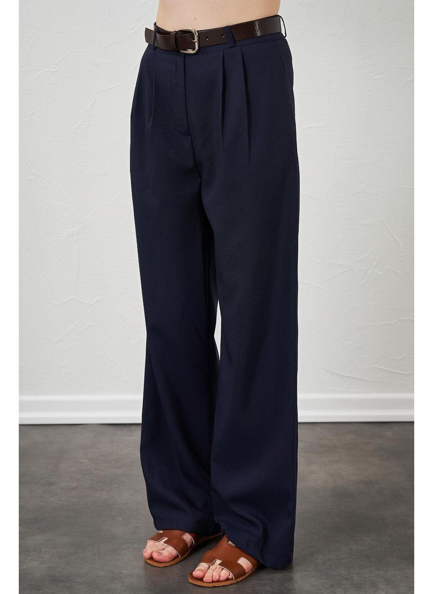 Women's Navy Blue Double Pleated Belted Poly Viscose Palazzo Trousers