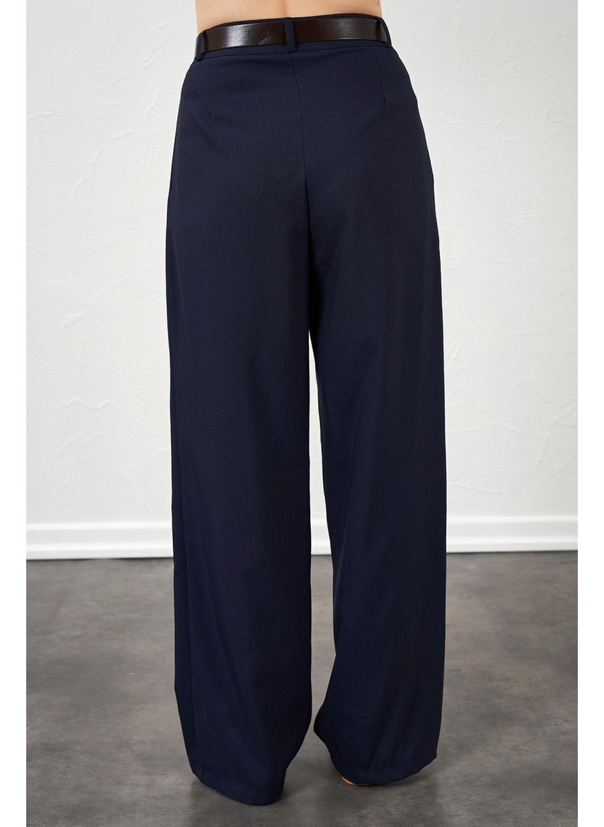 Women's Navy Blue Double Pleated Belted Poly Viscose Palazzo Trousers