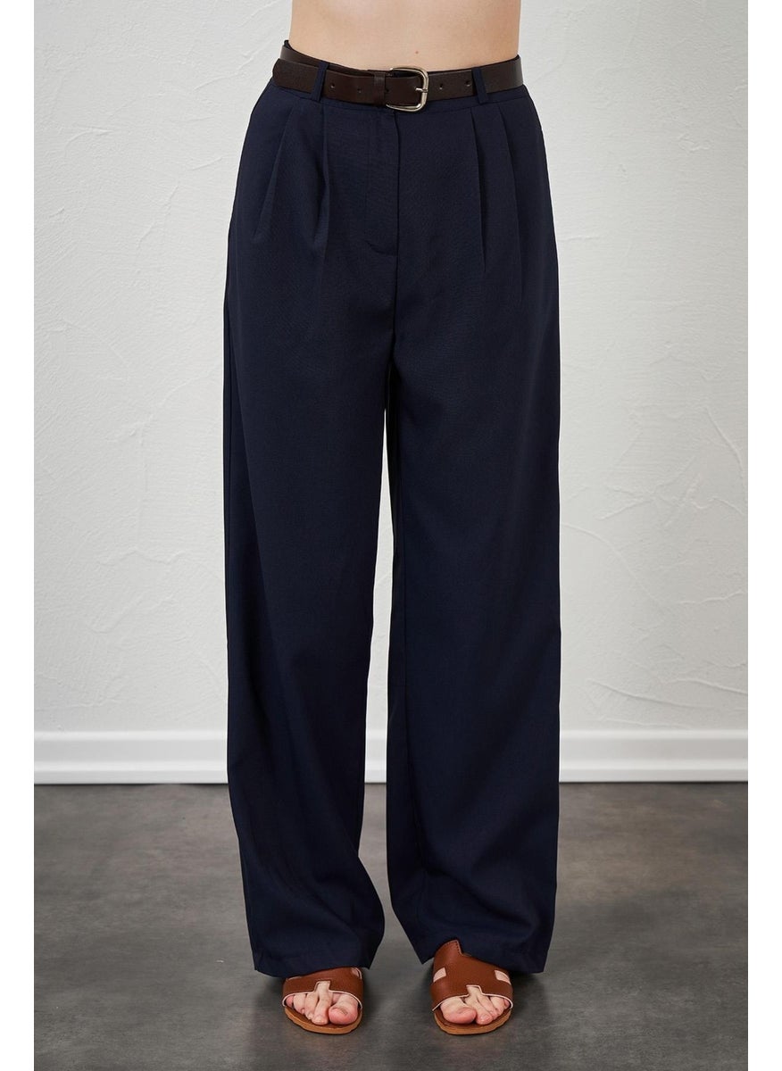 Women's Navy Blue Double Pleated Belted Poly Viscose Palazzo Trousers