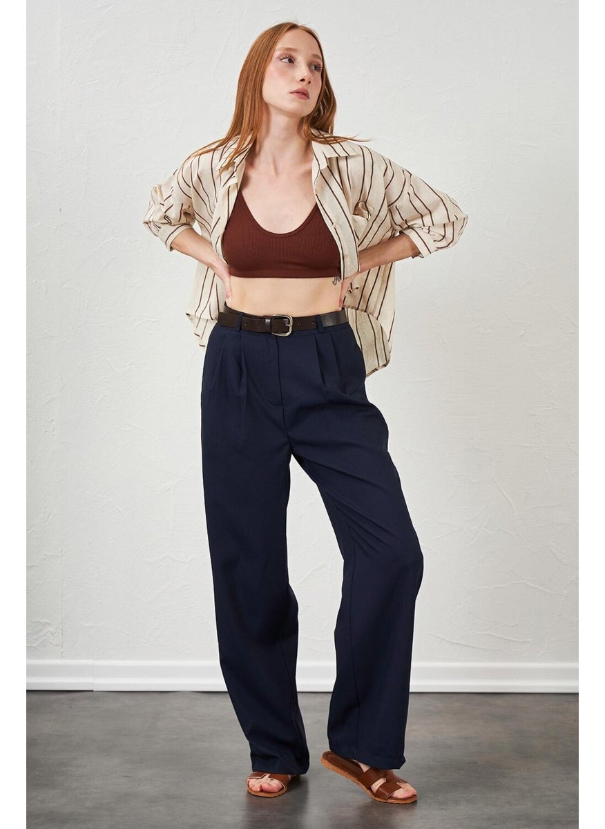 Women's Navy Blue Double Pleated Belted Poly Viscose Palazzo Trousers