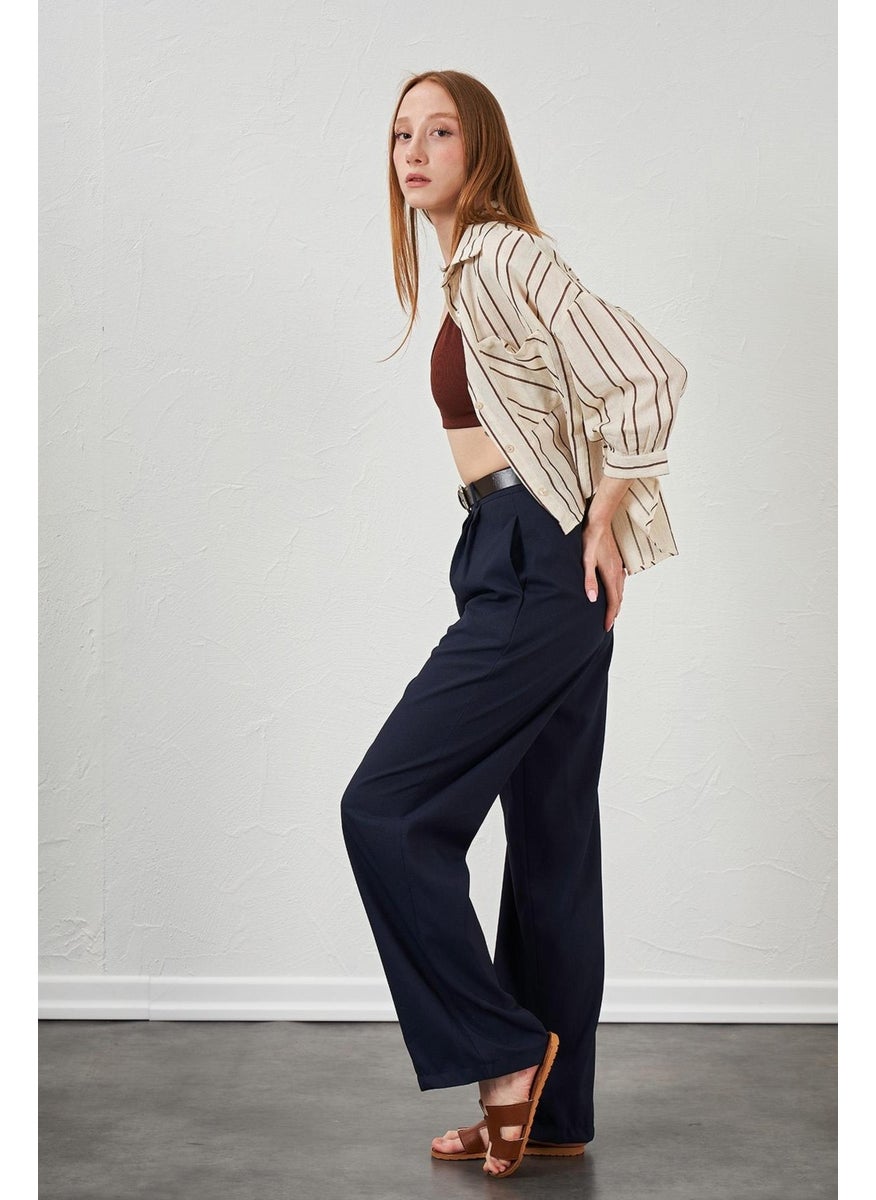 Women's Navy Blue Double Pleated Belted Poly Viscose Palazzo Trousers