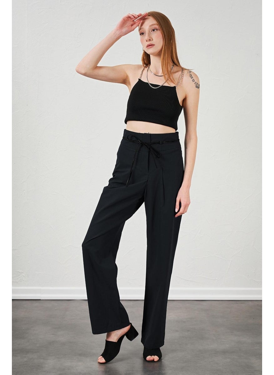 Women's Black High Waist Leather Belted Poplin Trousers