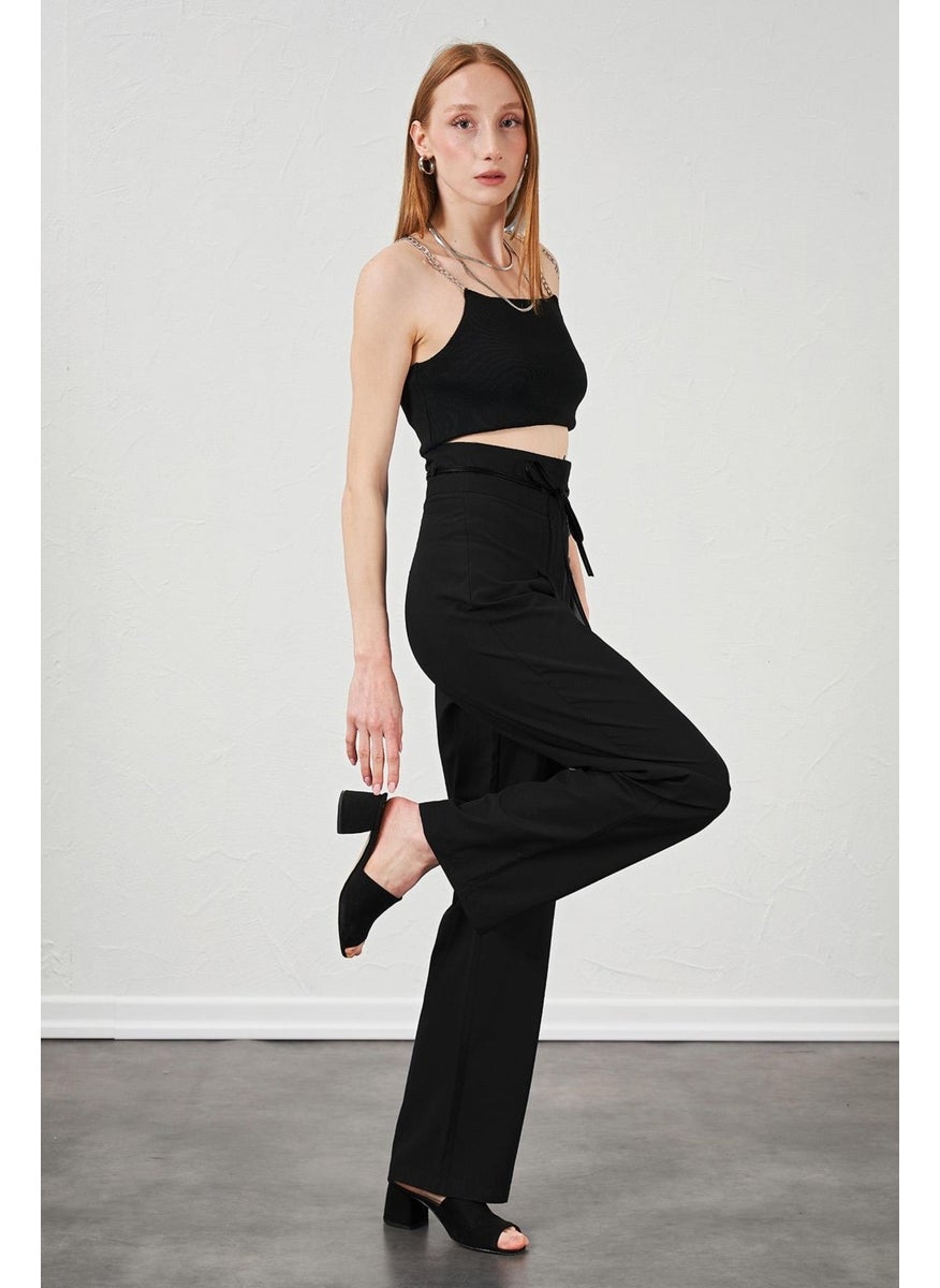 Women's Black High Waist Leather Belted Poplin Trousers