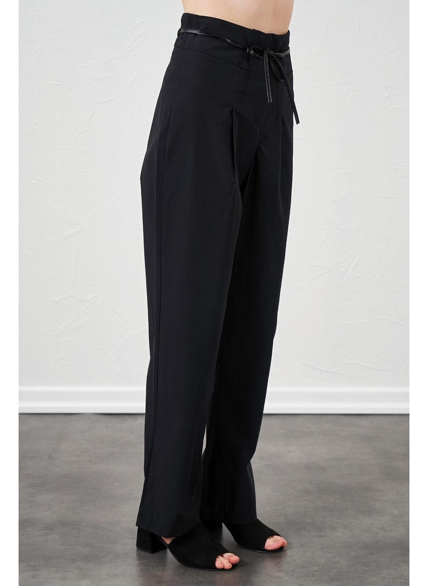 Women's Black High Waist Leather Belted Poplin Trousers