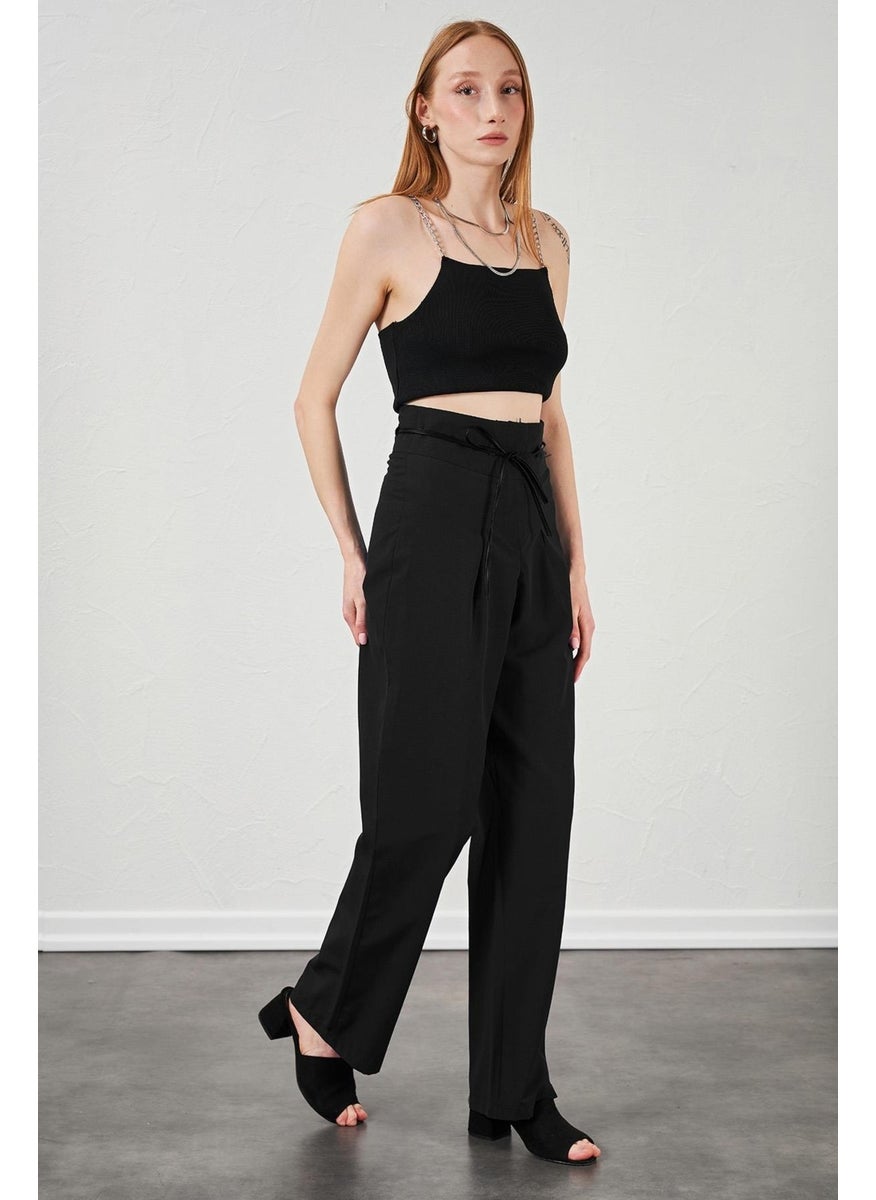 Women's Black High Waist Leather Belted Poplin Trousers