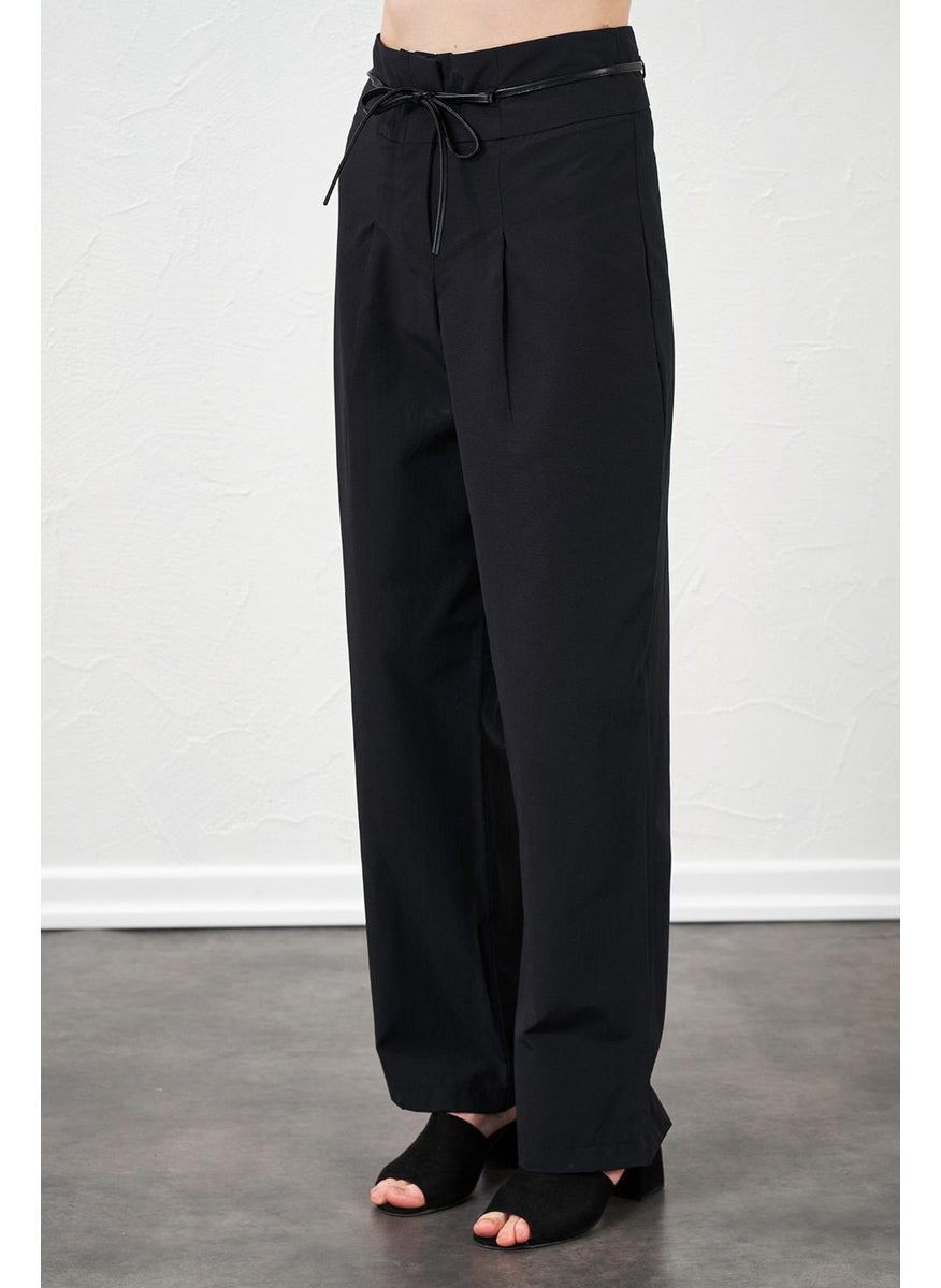 Women's Black High Waist Leather Belted Poplin Trousers
