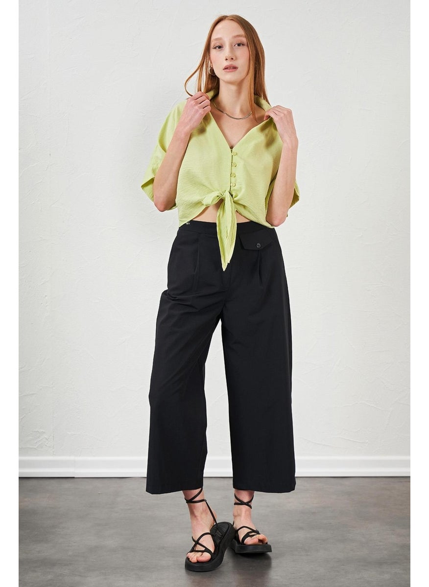 Women's Black Short Palazzo Poplin Trousers