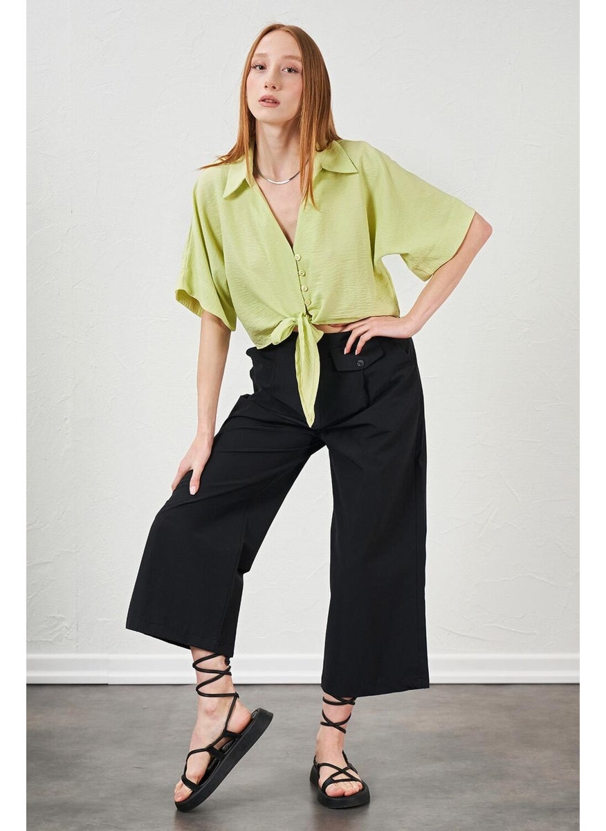 Women's Black Short Palazzo Poplin Trousers