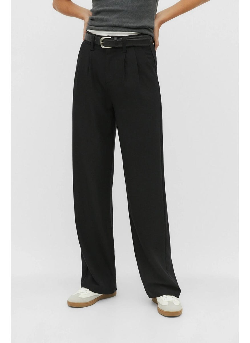 Women's Black Double Pleated Belted Poly Viscose Palazzo Trousers