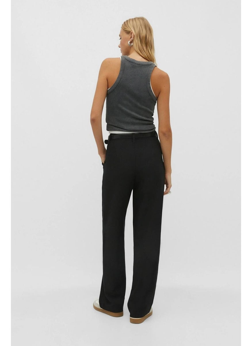Women's Black Double Pleated Belted Poly Viscose Palazzo Trousers